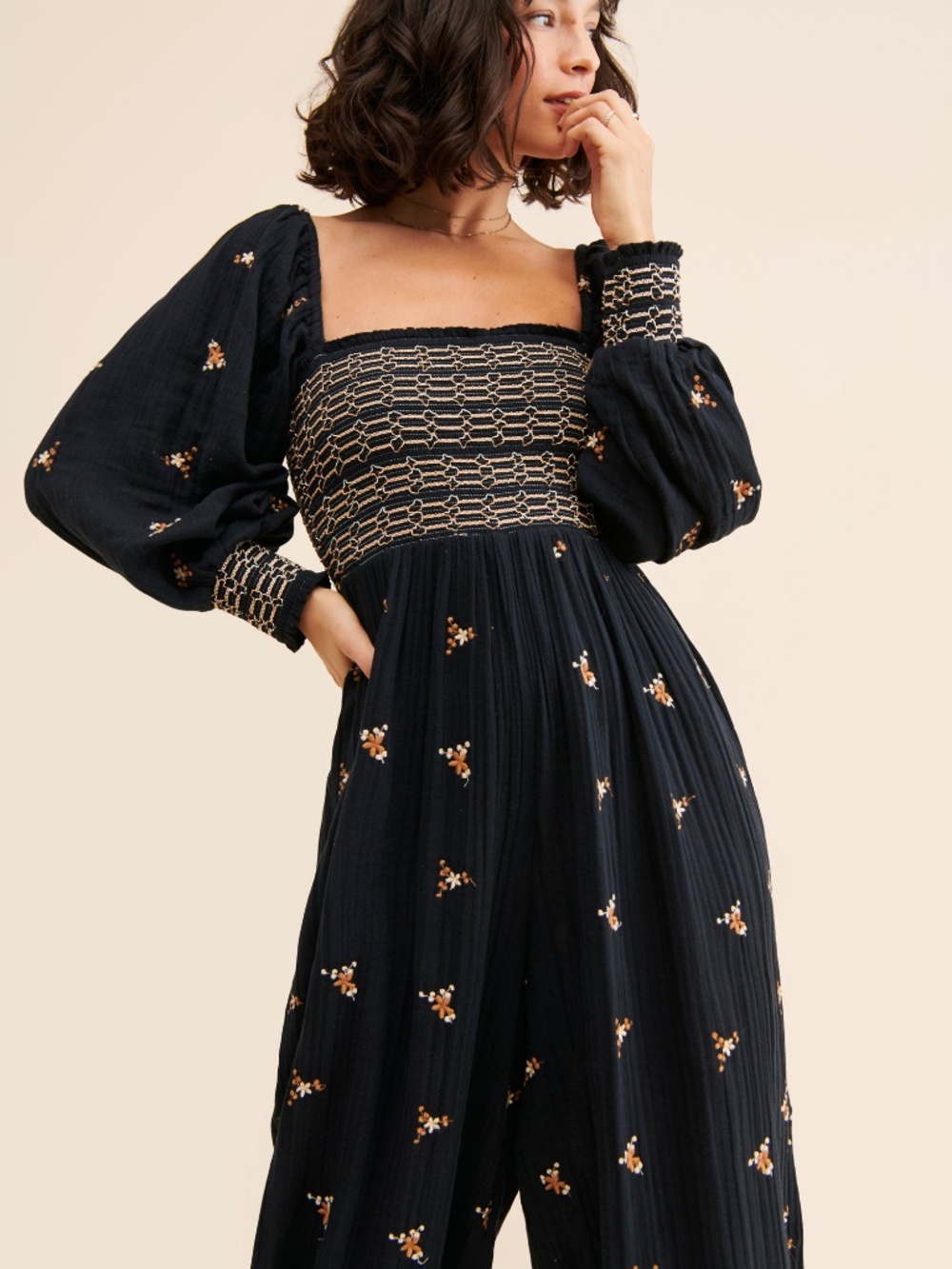 Free People Dahlia Smocked Wide Leg Jumpsuit XS Black Rust Cream Embroidered